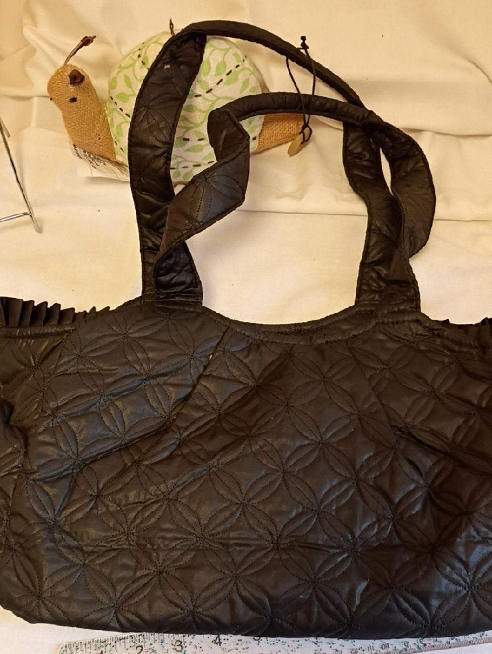 Quilted Black With Pink Lining Tote Bag with Floral Stitch And Ruffle Detail